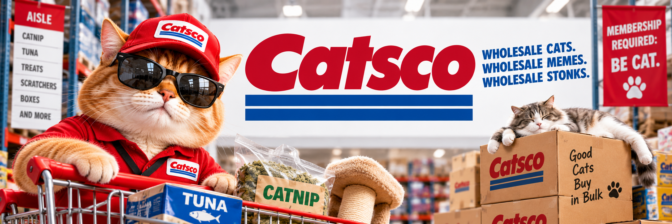 Catsco wholesale warehouse filled with cats shopping for bulk catnip, tuna, treats, scratchers, and cardboard boxes, with the Catsco employee giving a thumbs-up
