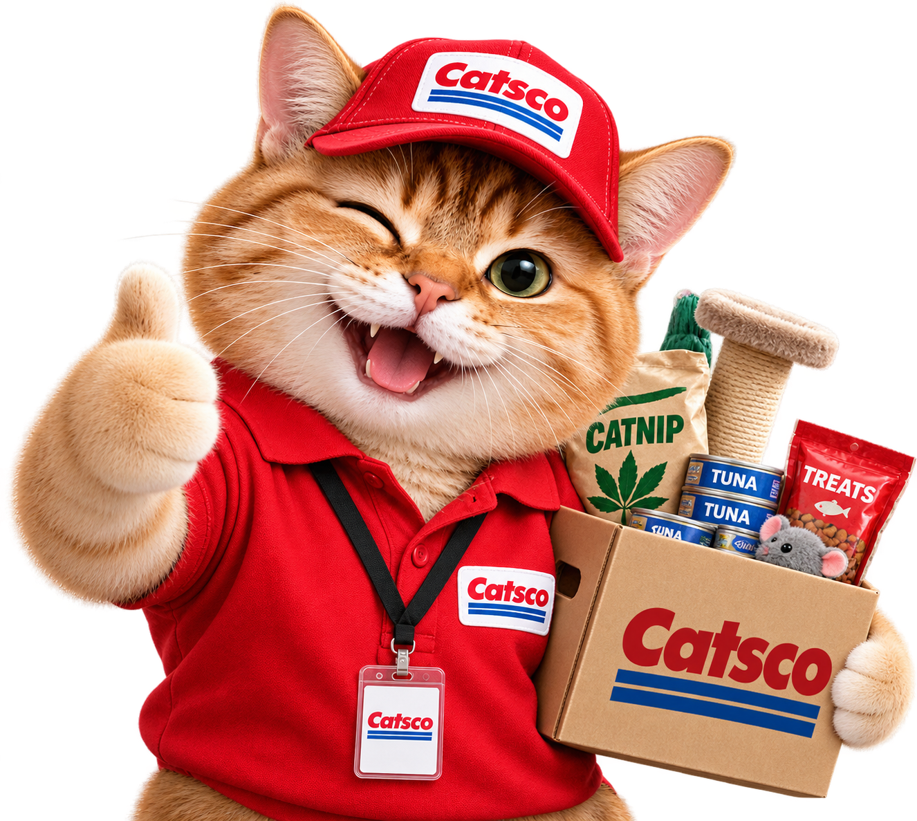 Catsco employee cat winking and giving a thumbs-up while holding a wholesale Catsco box of catnip, tuna, treats, and a scratcher